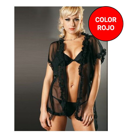 SENSUAL BATA SEXY DE MICROTUL TIPO CAMISOLA CON APERTURA DELANTERA Y VOLANTES PLISADOS ROJO